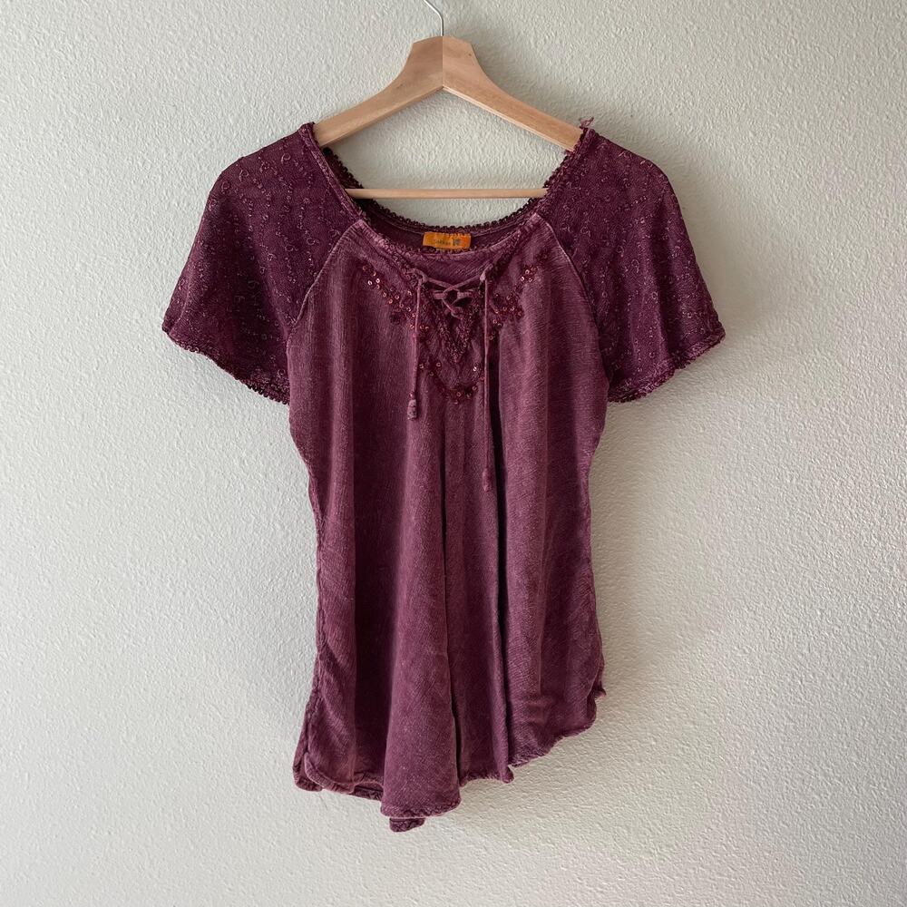 90s Vintage boho whimsigoth fairy grunge burgundy lace up top renaissance